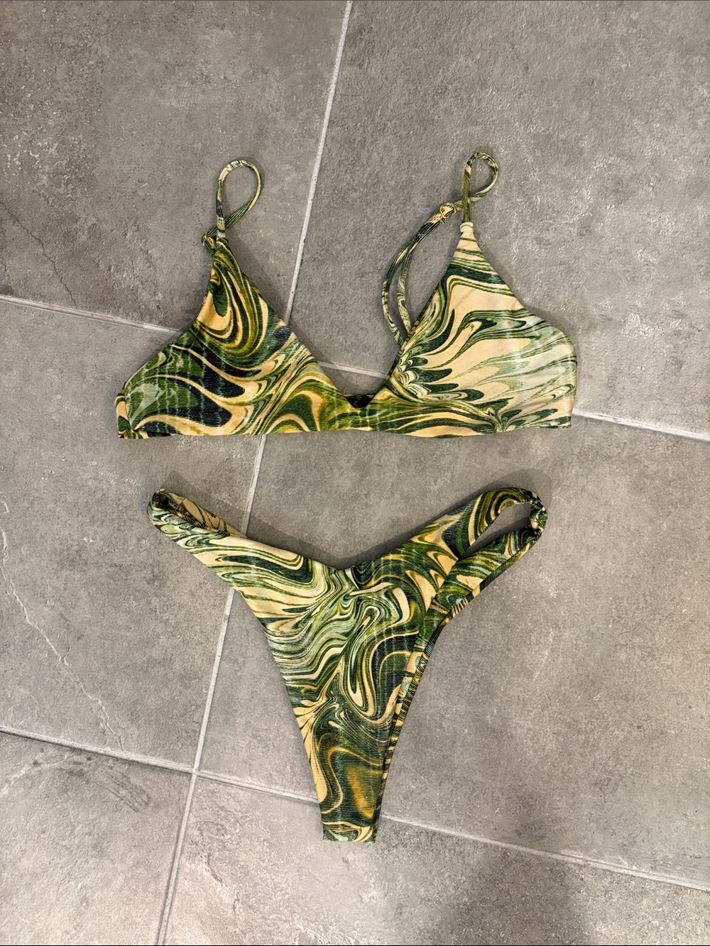 Skatie Green and Yellow Marble-Print Bikini Set